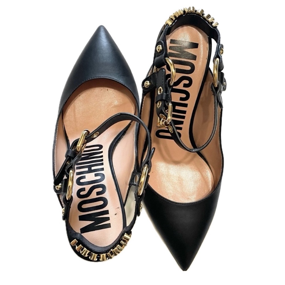MOSCHINO Black Leather Logo Charm Ankle Strap Heels Size 37